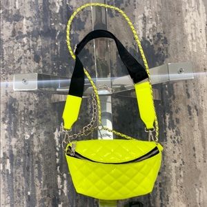 Steve Madden patent leather neon yellow quilted crossbody belt bag logo & chains